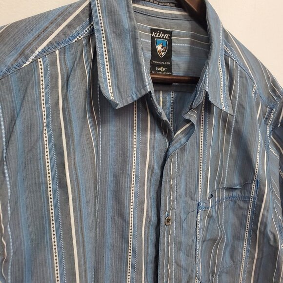 Kuhl Mens Suncel Short Sleeve Button Up Shirt Size L Blue Striped Office Career - Picture 2 of 9